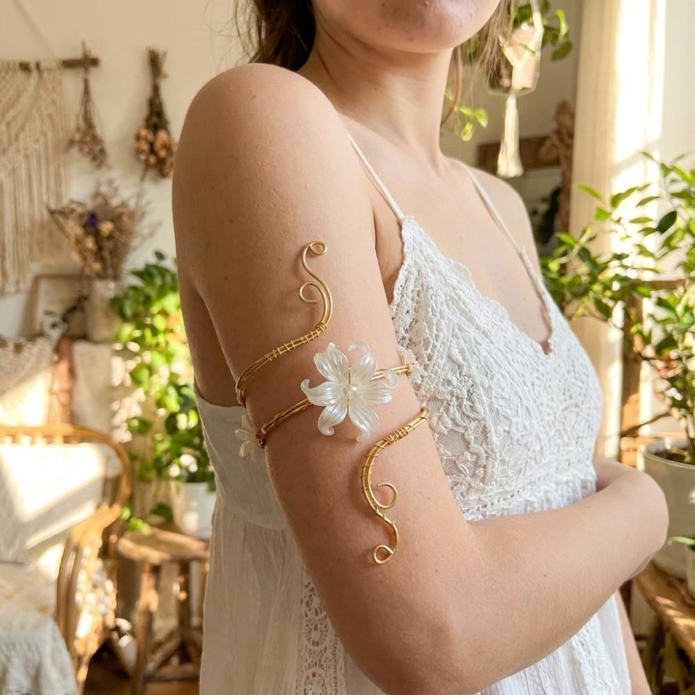 Gold Color Metal Floral Open Cuff Armlet Enamel Glaze Craft Spiral Arm Bracelet Vacation Style
