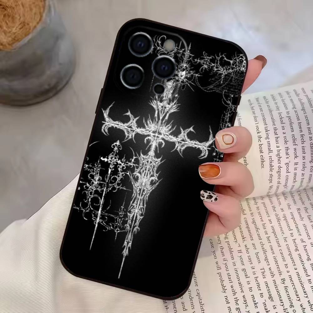 Прозрачный чехол для телефона с готическим крестом и лозой для iPhone 17,16,15,14,13,12,11 Plus,Pro Max,XS, Мягкий силиконовый черный чехол