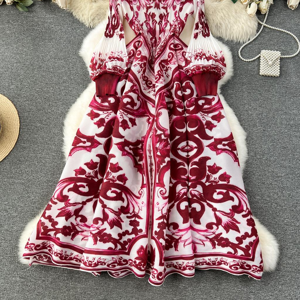 French Senior Temperament Luxury Dress Ladies 2024 Newest O-Neck Ruched Print Tie Dye Design Fashion Chic Long Dress