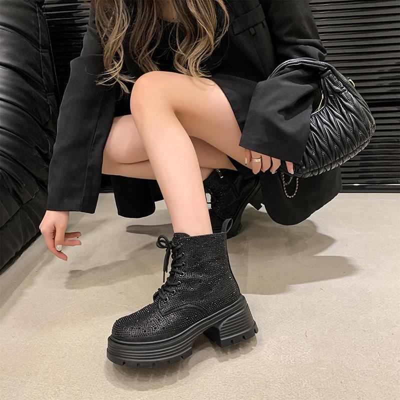 2024 Sequin Diamond Короткие сапоги Женские Осенне-Зимние Британские Модные Сапоги На Высоком Толстом Каблуке Ботинки На Шнуровке Повседневная Обувь Для Вечеринок На Открытом Воздухе