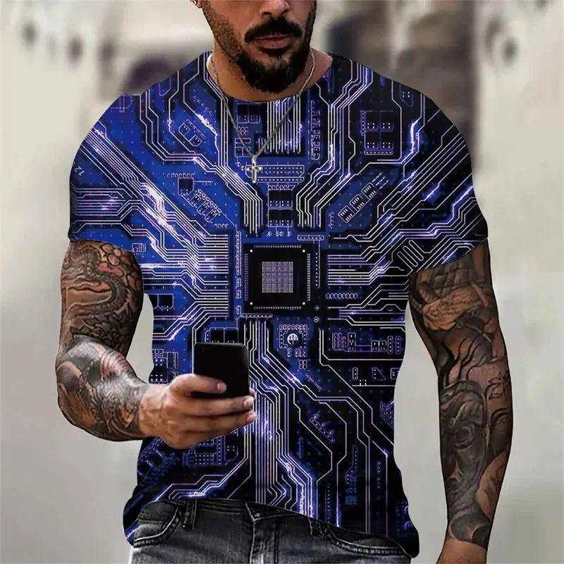 Летняя мужская печатная плата, электронный чип, процессор, креативная графика, футболка с 3d принтом, модный воротник с коротким рукавом, топ больших размеров
