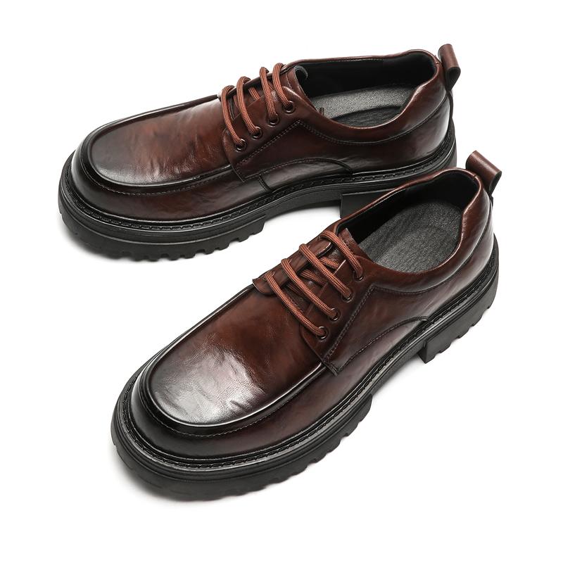Мужские туфли из кожи с круглым носком и толстой подошвой. Модные туфли в британском стиле для свадьбы, вечеринки, отдыха на природе, бизнеса, высокие кожаные туфли.