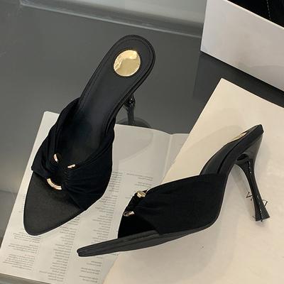 Liyke летние модные тапочки женские мюли шлепанцы сексуальные ажурные металлические пряжки дизайнерские сандалии на высоком каблуке женские туфли черные