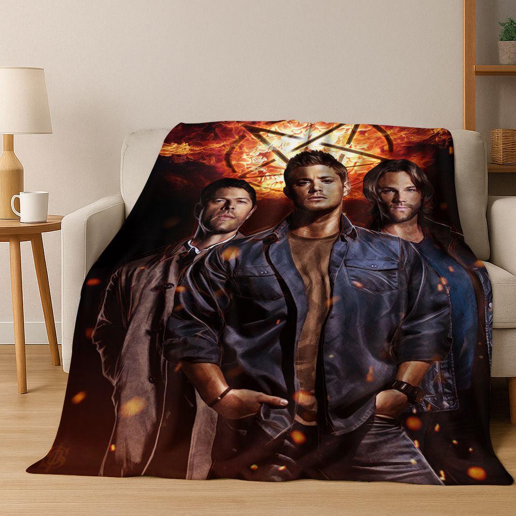 SPN Supernatural Dean Sam Winchester Castiel Flannel Blanket,Cozy Soft Throw Blanket for Home Bedroom Bed Sofa Cover Kids Gift