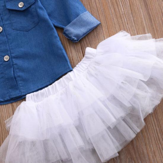 Kids Baby Girl Denim Shirt Clothes+Lace Tulle Skirts Dress Headband Outfits Set