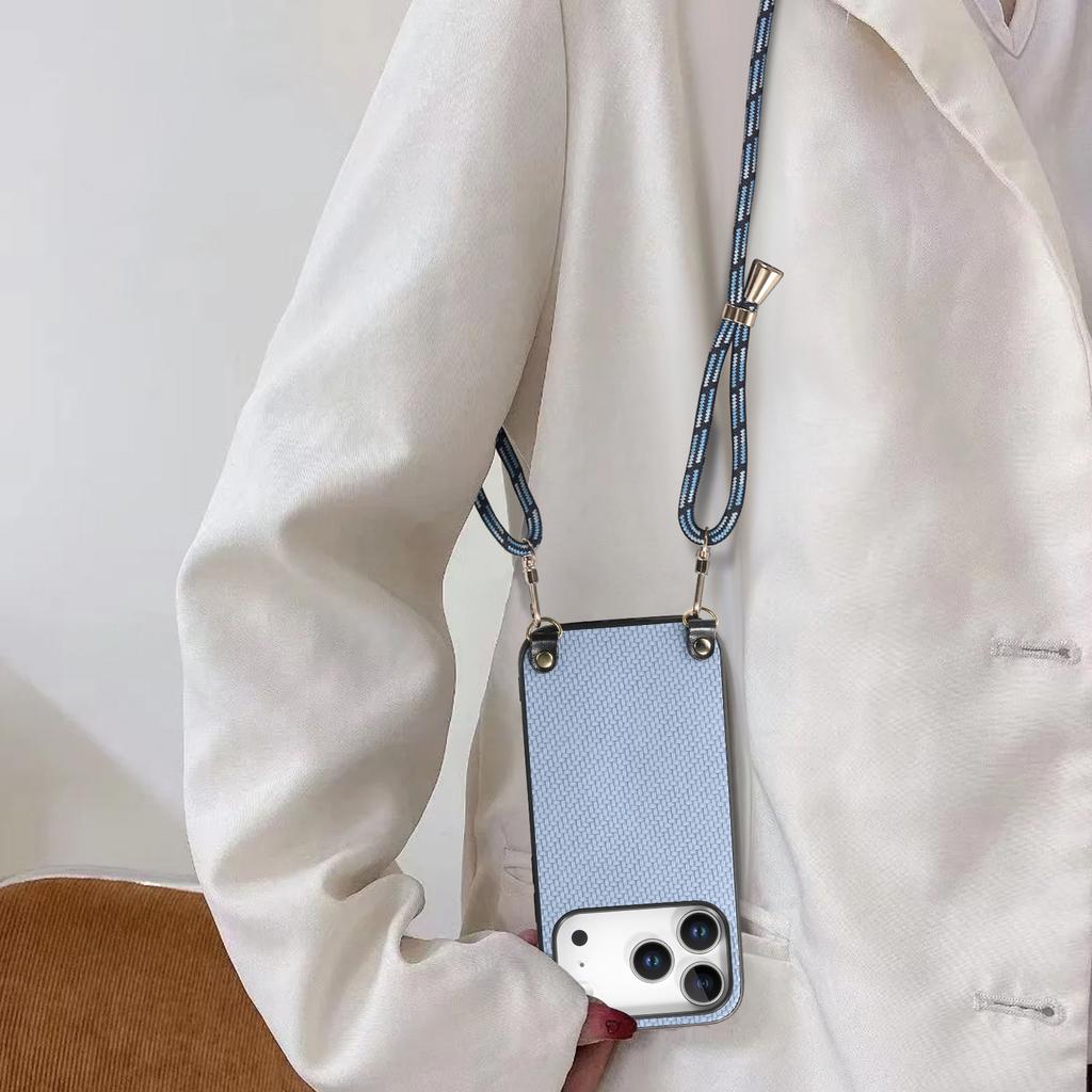 For iPhone 17 Pro Case Carbon Fiber Texture PU+PC+TPU Anti Drop Phone Cover with Crossbody Lanyard