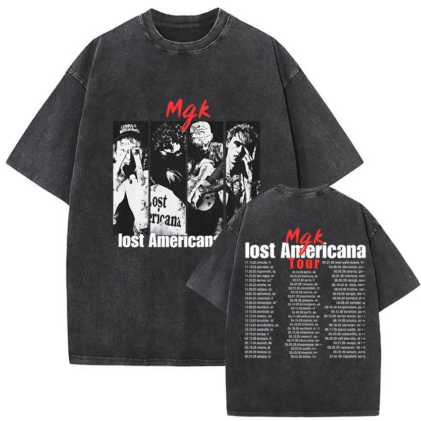 Винтажная стираная футболка с принтом MGK Lost Americana Tour Мужская Женская Харадзюку Высококачественная Модная Оверсайз Футболки