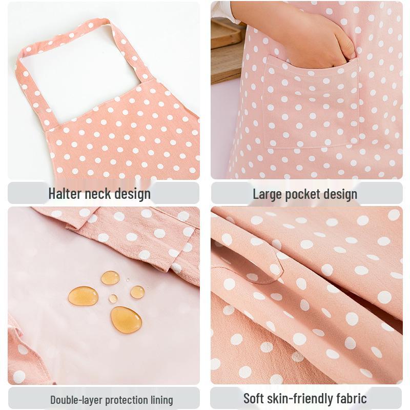 Cute Japanese Style Polka Dot Apron: Breathable, Hanging Neck, Waterproof & Oil-Proof for Kitchen.
