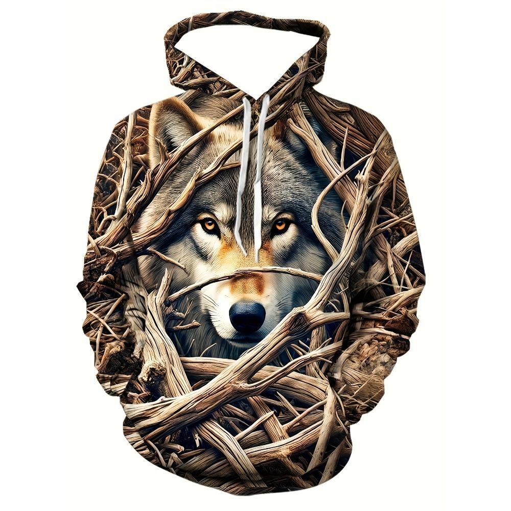 Winter Wolf Art Print Hoodie for Men, Varied Timber Wolf in Snow Scene Graphic Collages Full Graphic Loose Pullover, Nice for Weekend Hobby Activities