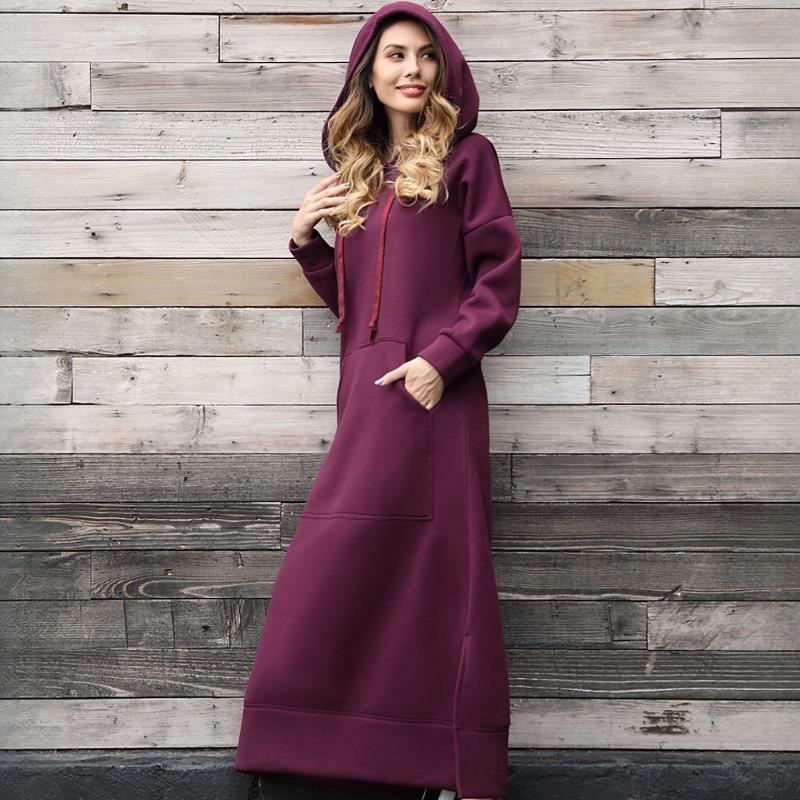 GMXIA Осенне-зимнее свободное трикотажное длинное платье большого размера с капюшоном, толстовка с подкладкой, повседневные модные платья, платья с большими карманами