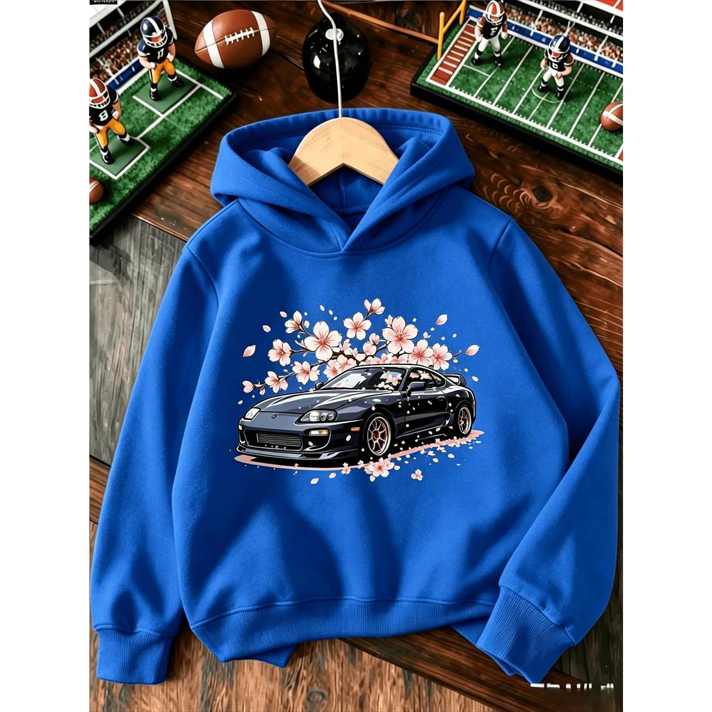 A loose, comfortable children's hooded pullover featuring a sports car and cherry blossom print—suitable for spring and autumn.