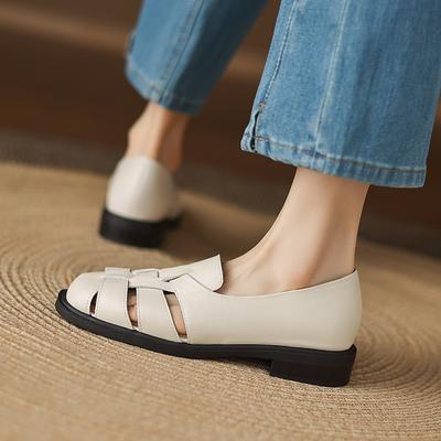 Мода 2025 Натуральная кожа Женские туфли-лодочки Круглый носок Низкий каблук Женская обувь Римские Черные туфли для женщин Гладиатор Ручная работа Женская обувь