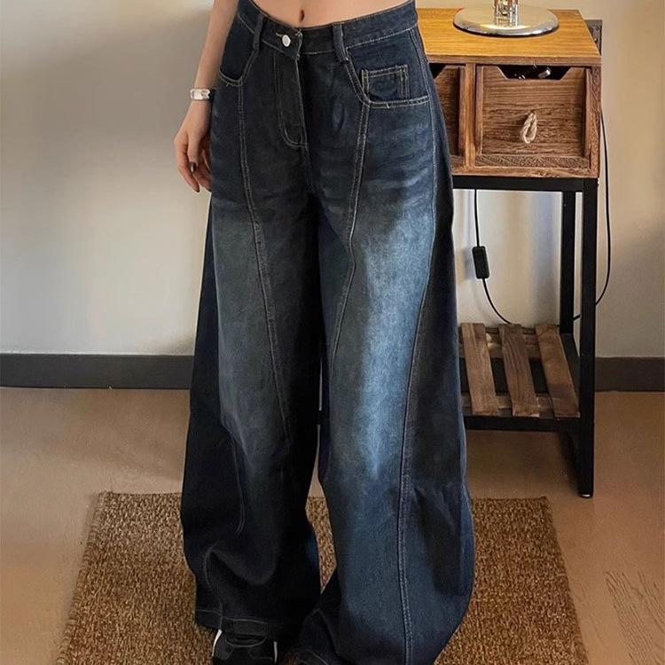 Ретро Джинсы Шаровары: Женские вареные брюки широкого кроя с потертостями