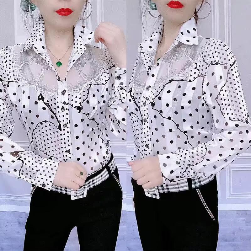 Blouse Tops Offce Lady Shirts Summer Lace Chiffon Shirts Women's Lapel Stitching Printing Buttons Female Blusas Chemises Fleurs