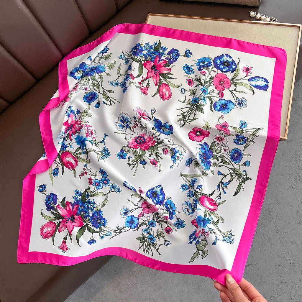 Korean Floral Print Silk Square Scarfs 70cm Women Summer Headscarf Female Neckerchief Decorate Neck Ties Lady Hijab Neck Scarf