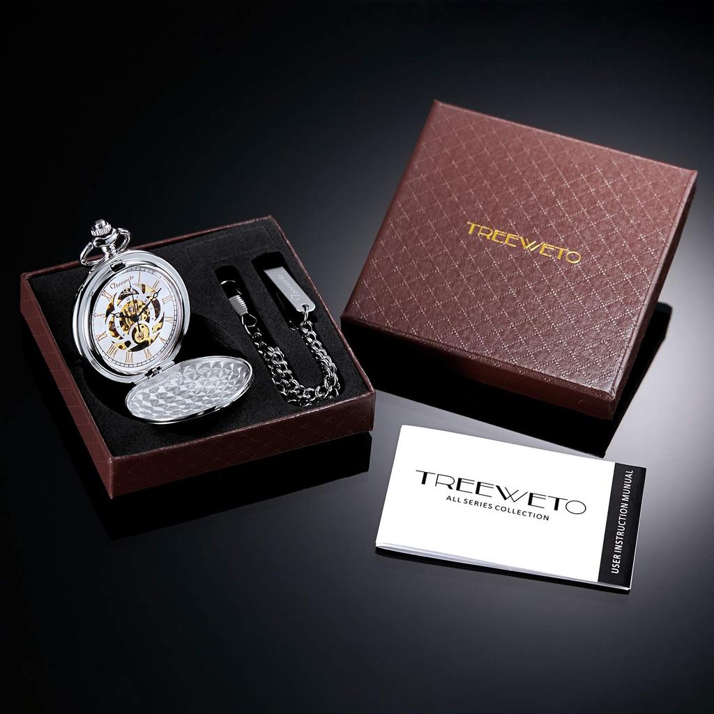 TREEWETO Механические карманные часы с римскими цифрами и скелетоном, серебристая цепочка, ручной завод