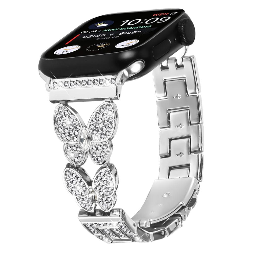Ремешок для Apple Watch Series 10 Ultra 9 8 7 SE 6 5 4 3 2 1 46 мм 49 мм 45 мм 44 мм 42 мм Металлический ремешок из серебристого сплава с украшением в виде бабочки и стразов