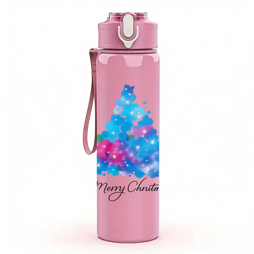 1PC Watercolor Christmas Tree Art 750ml Color Plastic Sports Water Bottle Leakproof Flip Straw Lid Suitable for Sports Office Home Use