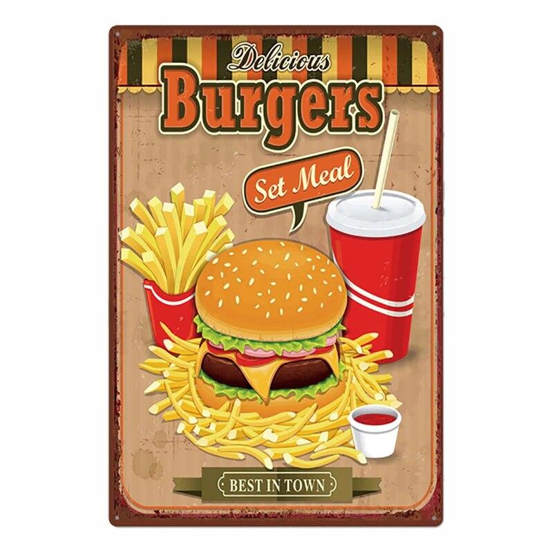 Hamburger Metal Tin Sign Plaque Vintage Burgers and Fries Metal Plate Poster Kitchen Restaurant Shop Wall Decor