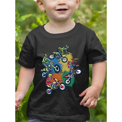 European Sizes Boys' Motorcycle Dirt T-Shirt - Short Sleeve Round Neck Summer Top with Rider & Print, Breathable Kids' Casual Shirt