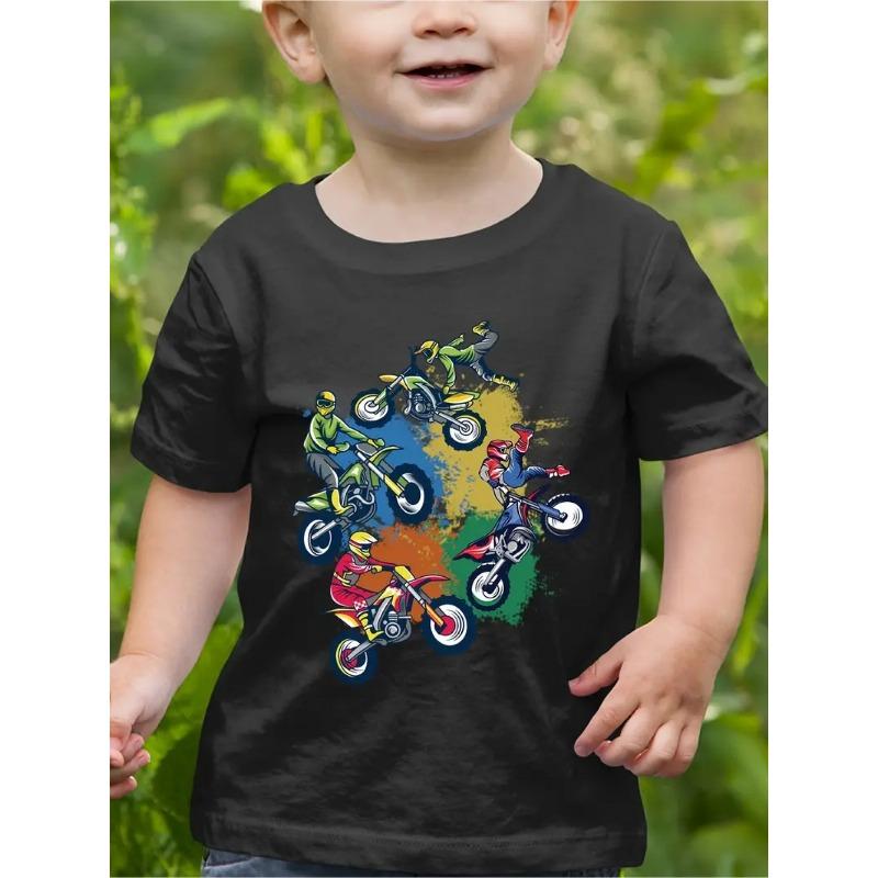European sizes Boys' Motorcycle Dirt T-Shirt - Short Sleeve Round Neck Summer Top with Rider & Print, Breathable Kids' Casual Shirt