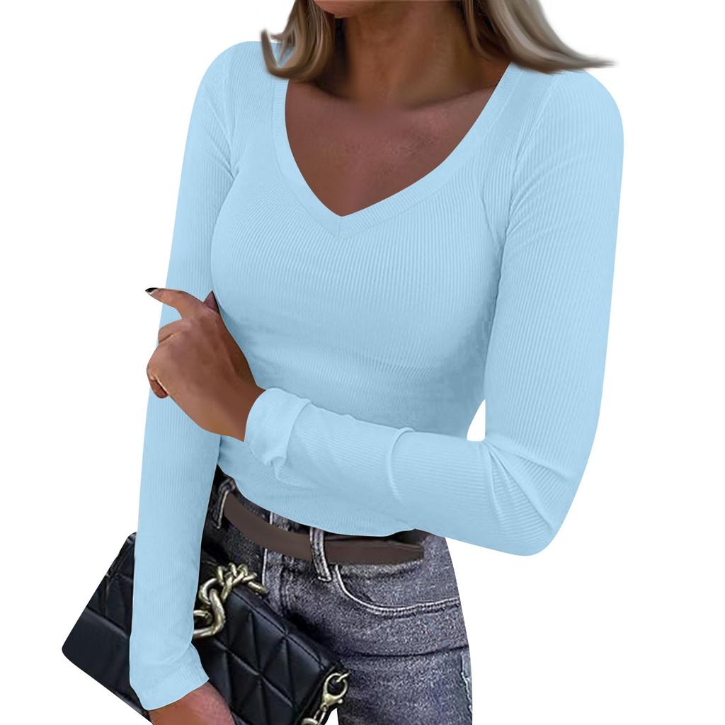 Женская и зимняя футболка с тонким низом, модный повседневный однотонный свитер с V-образным вырезом и длинным рукавом