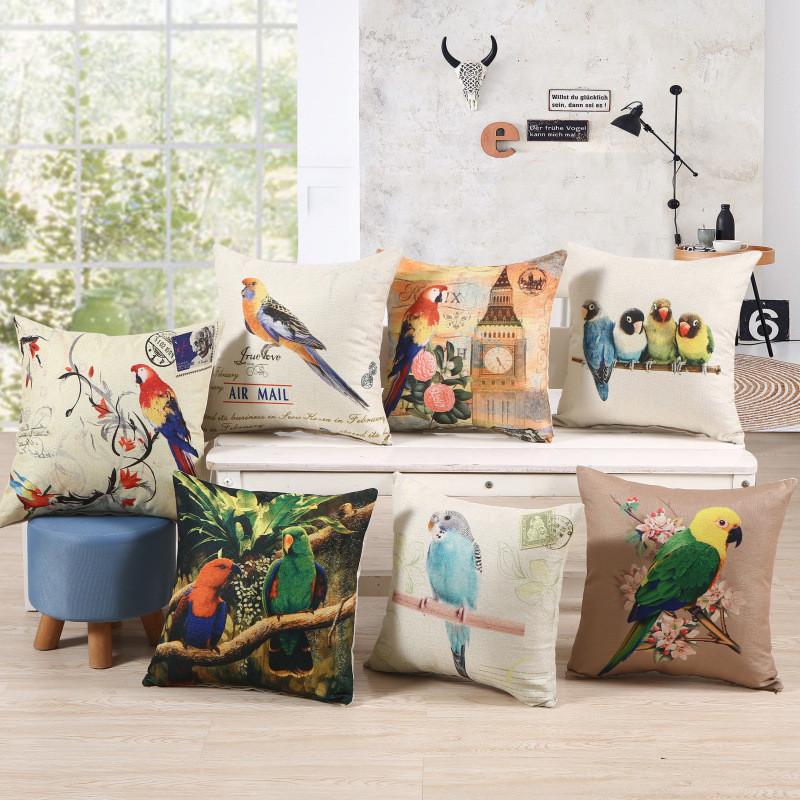 45x45cm Cotton Linen Sofa Cushion Cover Vintage Cartoon Animal Flower Printed Living Room Decorative Pillow Case