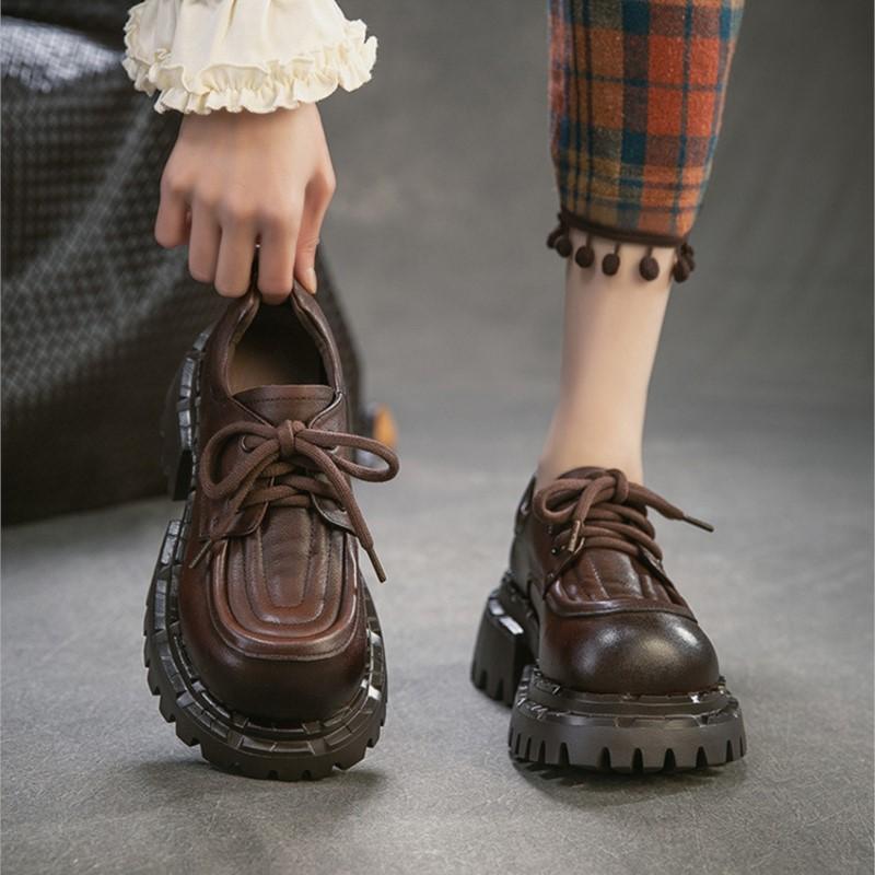 Johnature Женские туфли-лодочки на толстой подошве с круглым носком и шнуровкой в британском стиле, из натуральной кожи, универсальные, на высоком каблуке