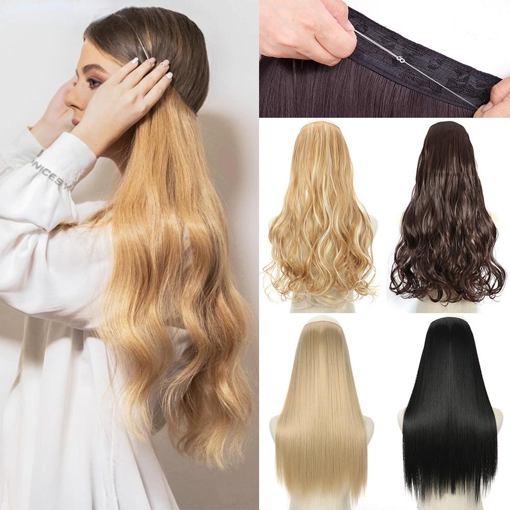 MISS WIG Synthetic Invisible Fish Wire No Clip Wavy Hair Extensions Long Hairpiece Natural Black Brown Blonde for Women Fake Hair Piece