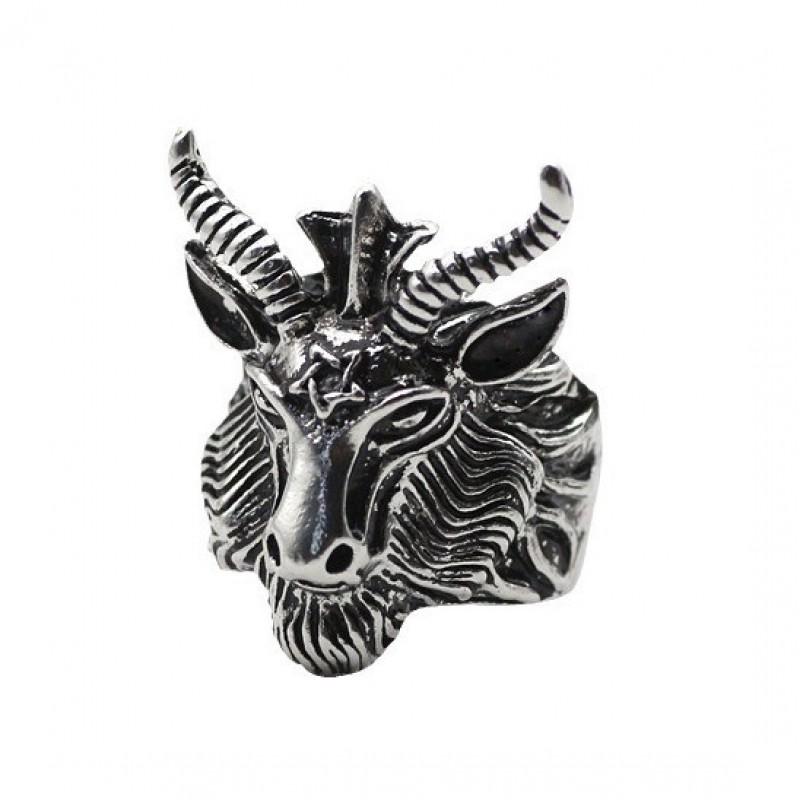 Adjustable Sterling Goat Head Pentagram Ring Men Women Vintage Punk Statement Jewelry