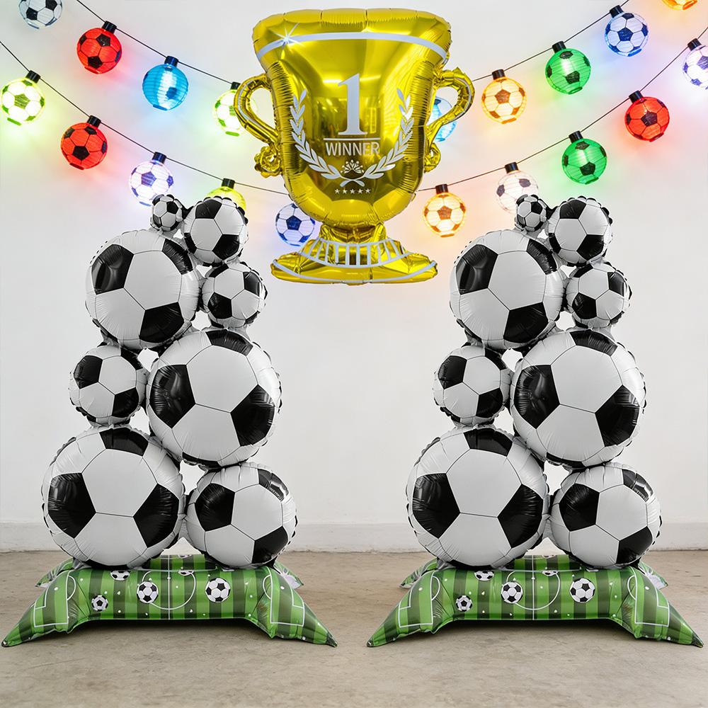3Pcs Soccer Theme Foil Balloon Set, Giant Standing Football Stack & Golden Champion Trophy Mylar Balloons, Aesthetic Sports Even
