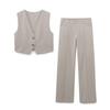 Комплект женский укороченный топ и брюки прямого кроя из смесового льна, весна 2025