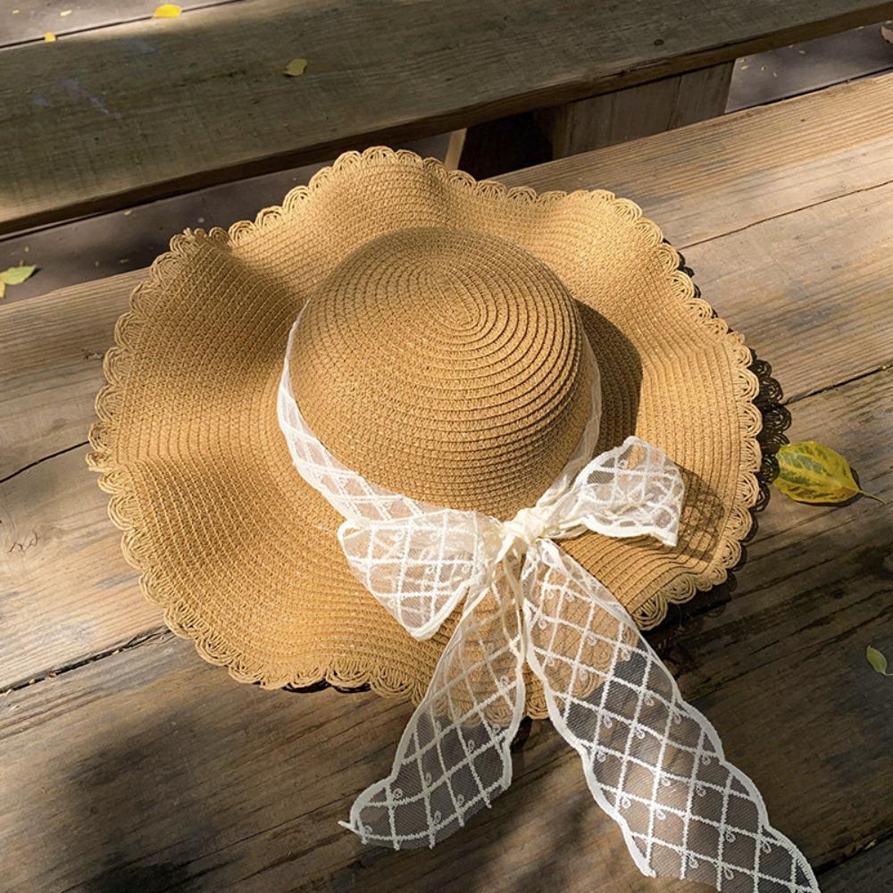 French Style Lace Straw Hat Spring Summer Women's Sun Hat Elegant Bow Ribbon Straw Hat  Outdoor