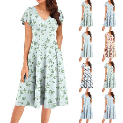 Женское летнее модное элегантное платье миди в стиле ретро с V-образным вырезом и оборками на рукавах