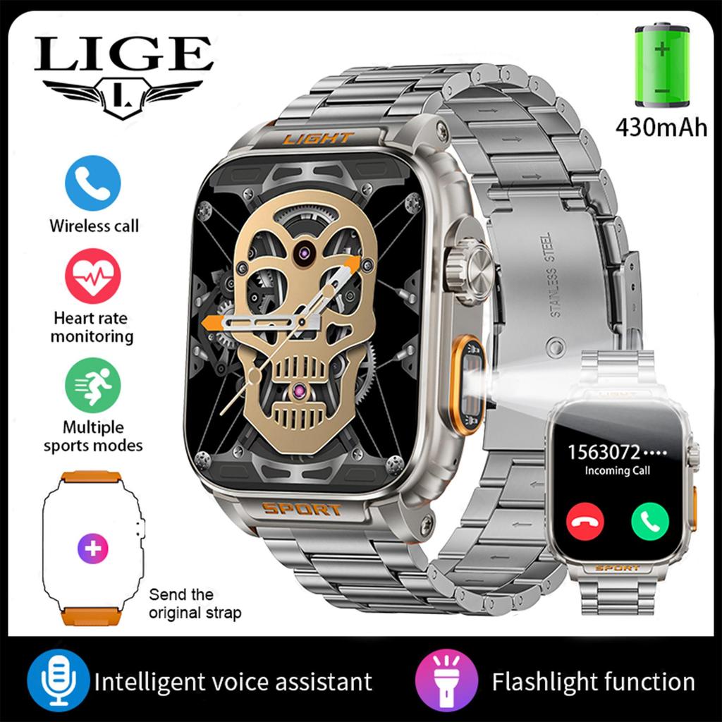 LIGE Новые умные часы с функцией Bluetooth Call, 1,91-дюймовым экраном HD, спортивные фитнес-часы для мужчин, спортивные часы для активного отдыха, фонарик P5, умные часы