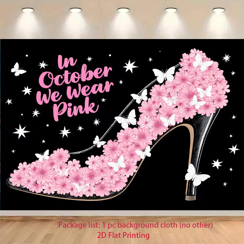 2D October Breast Cancer Backdrop with Pink Floral Shoe and Stars