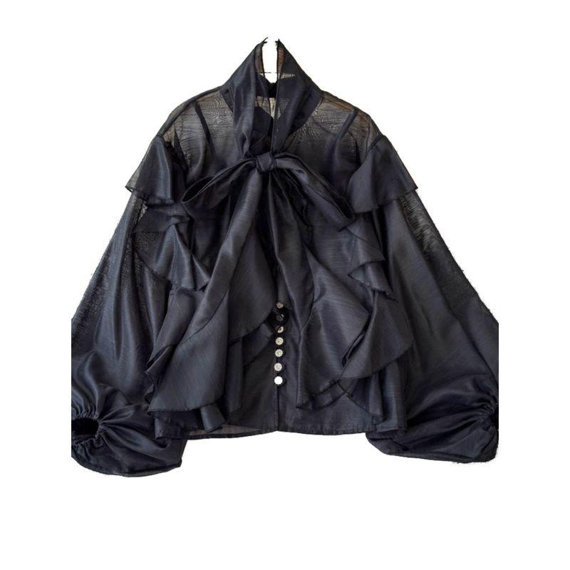 Stylish Ruffles Chiffon Shirt Women's Summer New Lantern Sleeve Shoelace Slim Looking Tie-Dye Inner Suspender Tops