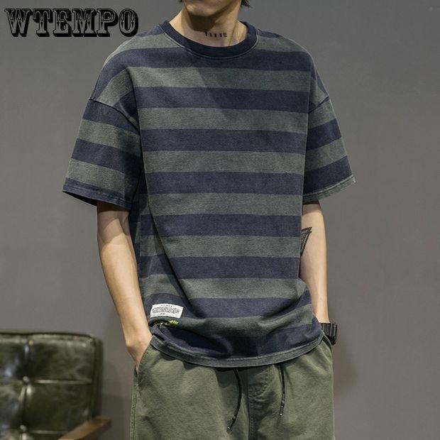 Мужская футболка из 100% хлопка с короткими рукавами, летние рубашки в полоску с круглым вырезом, корейская версия, модные свободные свободные полурукава