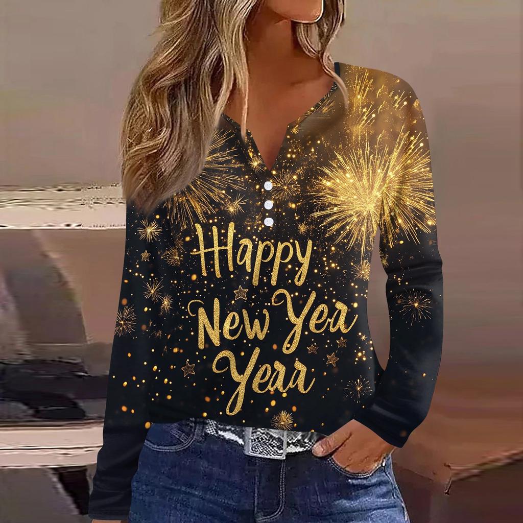 Жен. Футболка Футболка С принтом Пуговицы Длинный рукав Повседневные Выходные Мода Классический V-образный вырез Обычный Верх