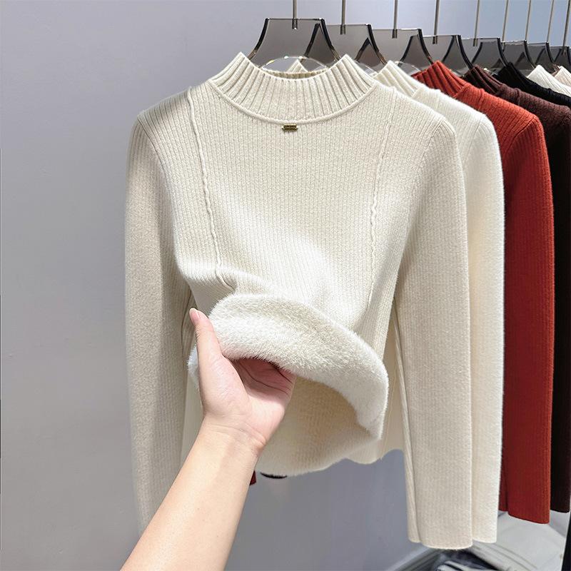 Integrated Fleece Fabric, Fleece Thickened Sweater Women's Semi-turtleneck Bottoming Shirt with New Autumn and Winter Knitted Sweater Inside