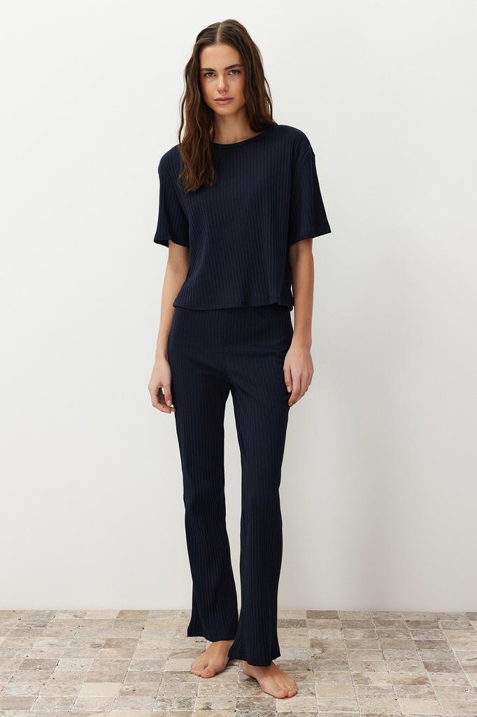 Women's Fashion New Pajama Set Ecru Slogan Printed Rubber Detailed Corduroy Cotton T-shirt-Pants Knitted Pajamas