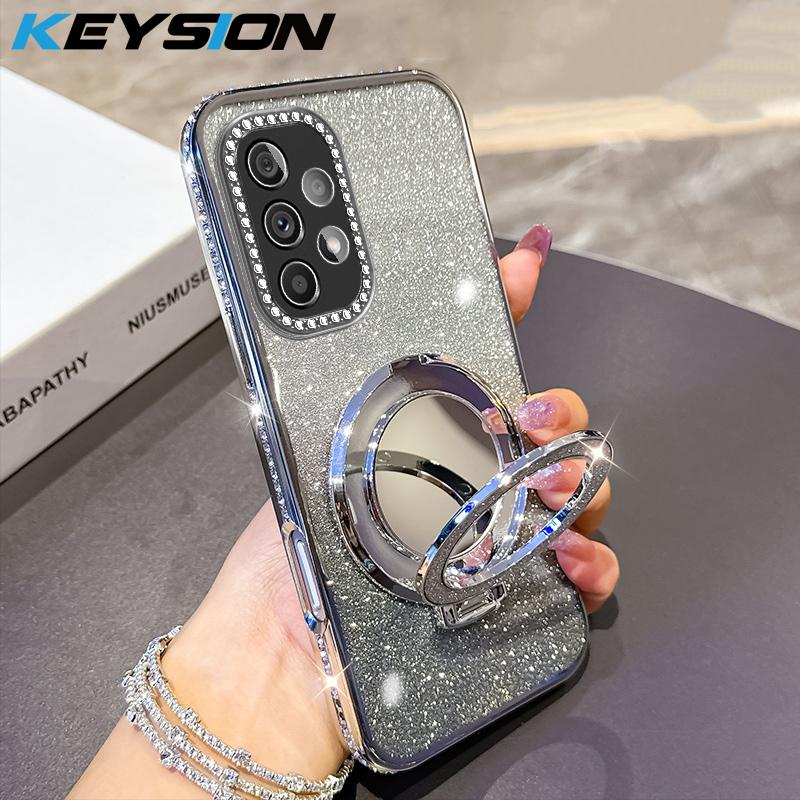 KEYSION Luxury Glitter Jewelled Magnetic Phone Case for Samsung Galaxy A52 S 5G A32 4G Makeup Mirror Stand Shockproof Back Cover