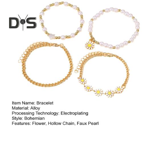 4 Pcs Women Bracelet Set Adjustable Length Hollow Out Chain Faux Pearl Flower Polished Stainless Lightweight Bohemian Bangle Wrist Jewelry