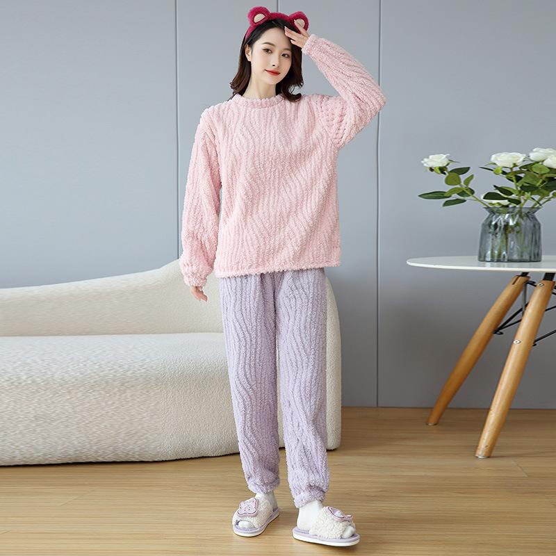 Winter Pajamas Homewear Suit Warm Suit Women's Autumn and Winter Shu Cotton Velvet Thickened Color Blocking Warm Homewear
