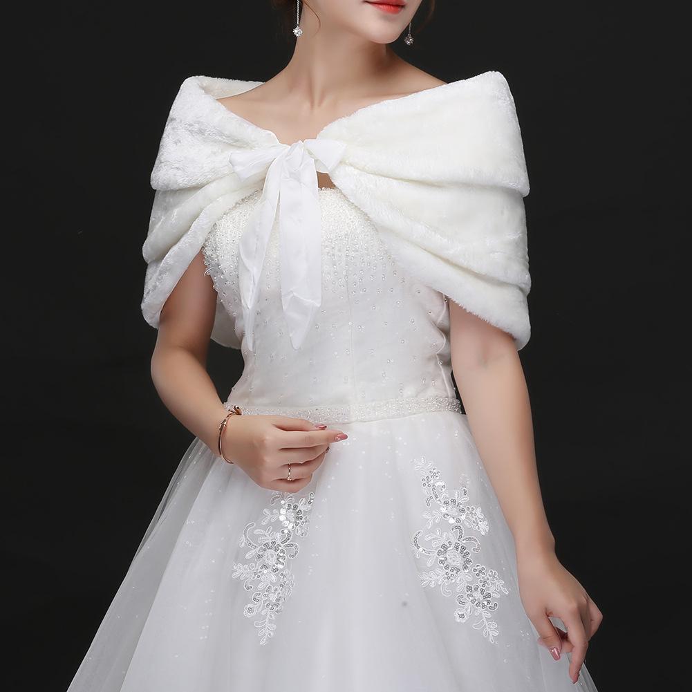 Women White Faux Fur Bridal Wrap Stole Shawl Wedding Artificial Embellishment Winter Jacket Coat