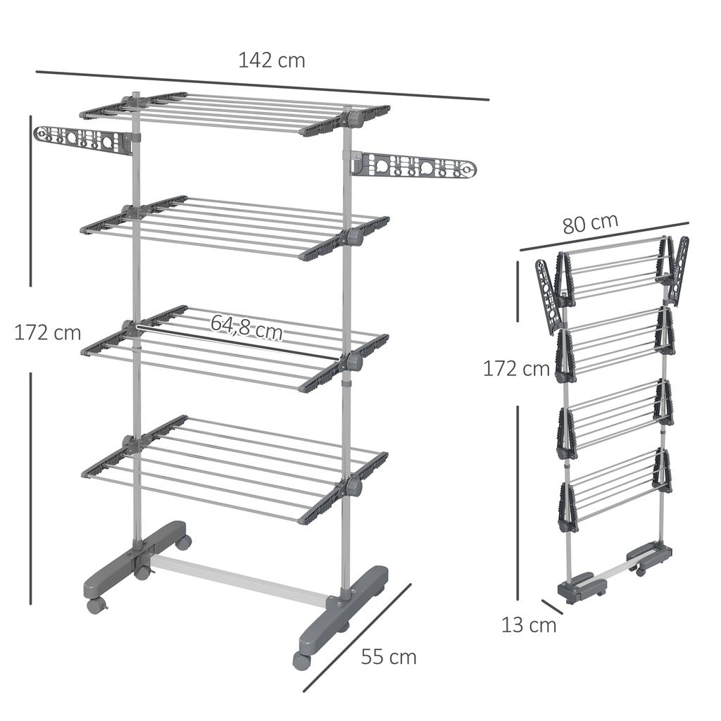 Four-Shelf Collapsing Clothes Horse, With Side Arms and Wheels - Grey