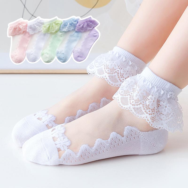 5Pairs/set Summer Thin Mesh Cotton Kids Lace Ruffle Socks Princess Cute White Heart White Ankle Socks for Baby Children Girls