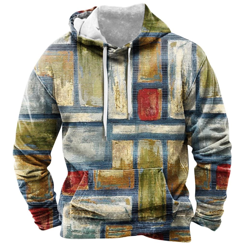 Men's Vintage Long Sleeve Hoodie Printed Hooded Sweatshirt Top
