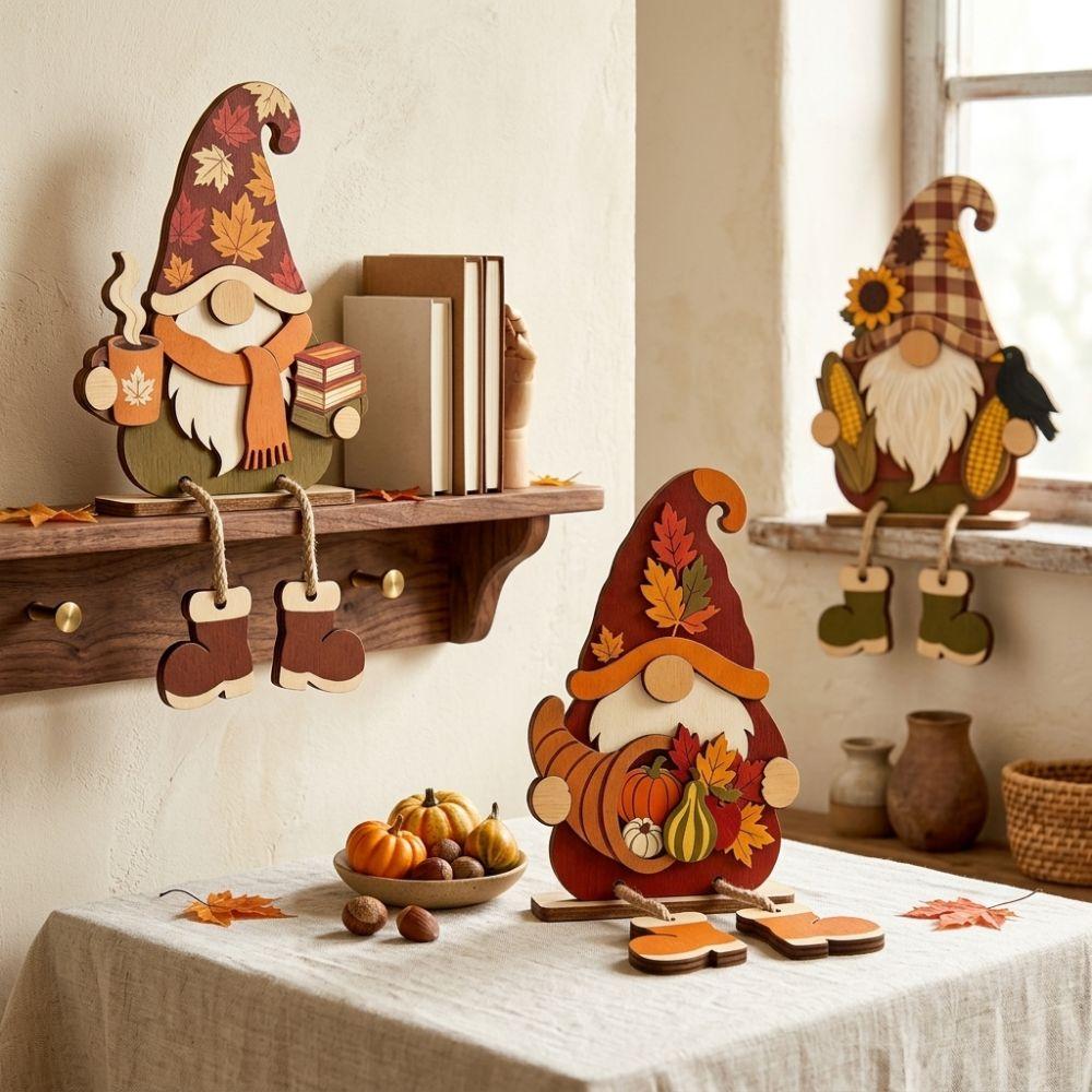 3Pcs 2D Flat Wooden Halloween Dwarf Ornament Autumn Standing Table Sign Harvest Season