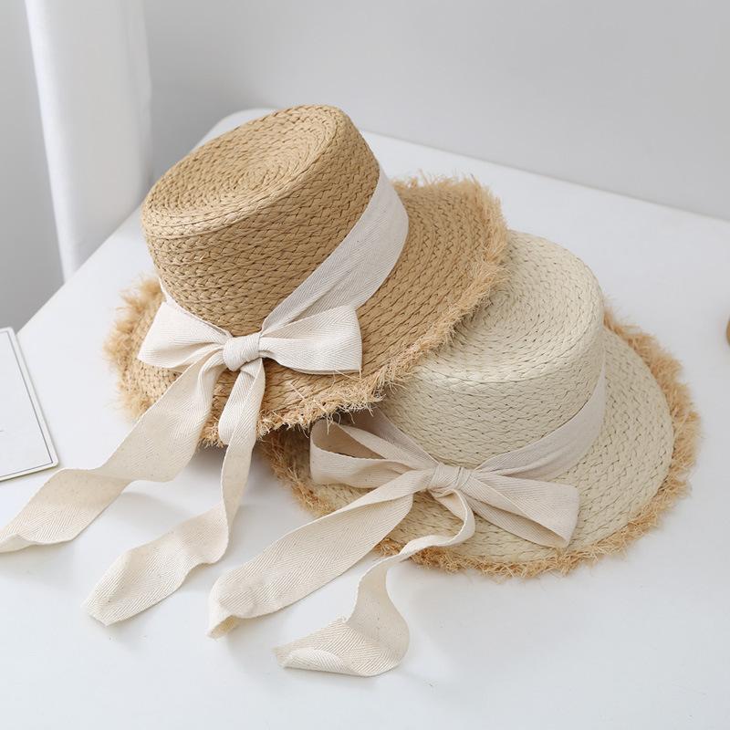 Summer parent-child straw flat top straw hat girls big edge raffia burr ribbon children's sunshade mother and daughter beach hat